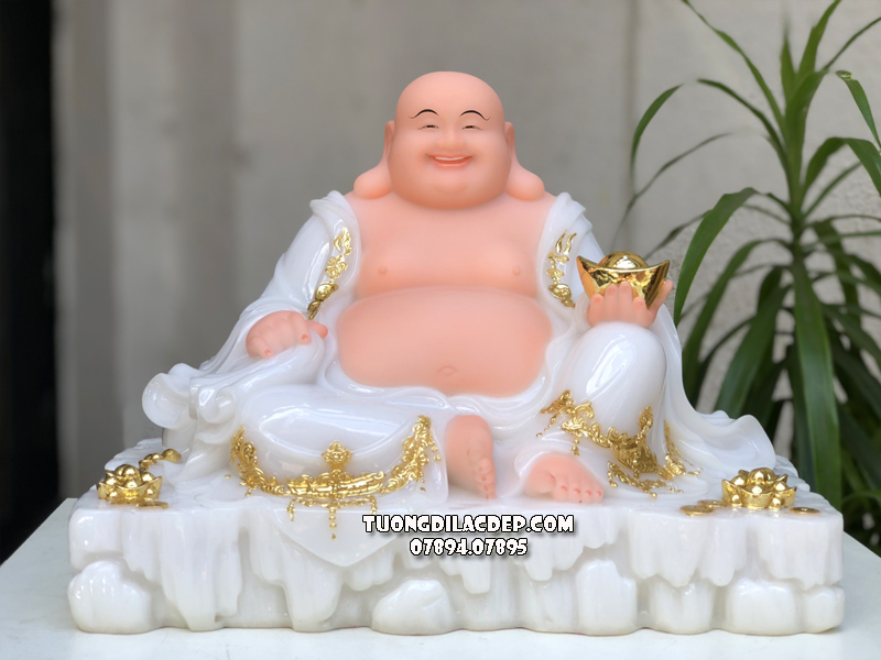 Tượng Phật Di Lặc bột đá áo trắng viền vàng ngự đá đẹp