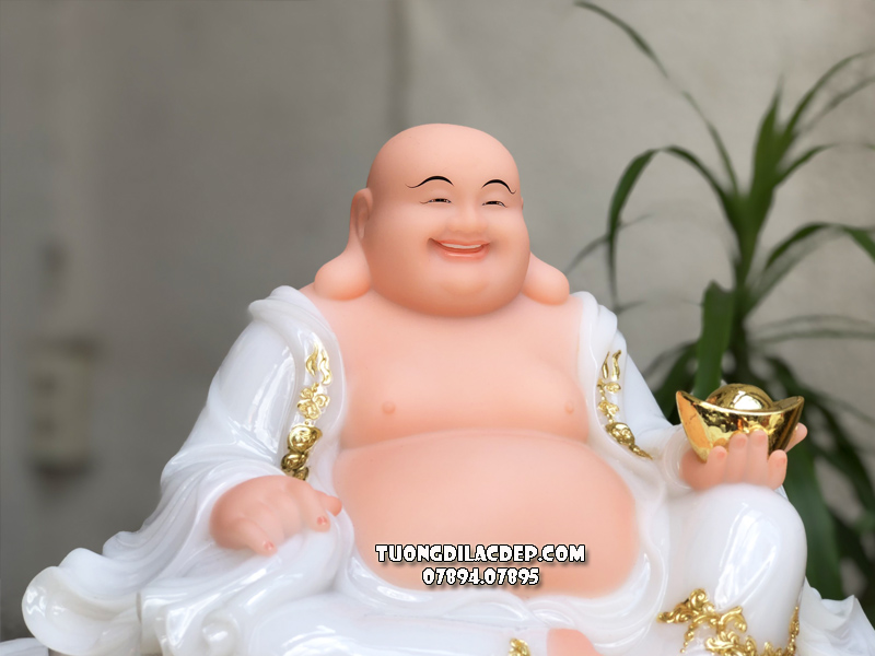 Tượng Phật Di Lặc bột đá áo trắng viền vàng ngự đá đẹp