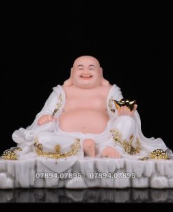 tượng phật di lặc trắng viền vàng ngự đá đẹp