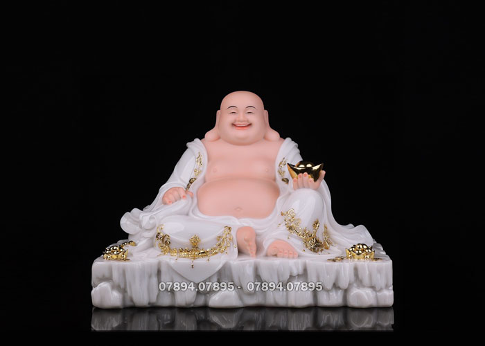 tượng phật di lặc trắng viền vàng ngự đá đẹp