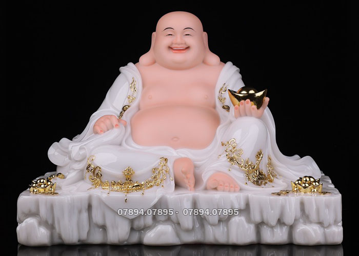 tượng phật di lặc trắng viền vàng ngự đá đẹp