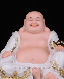 tượng phật di lặc trắng viền vàng ngự đá đẹp