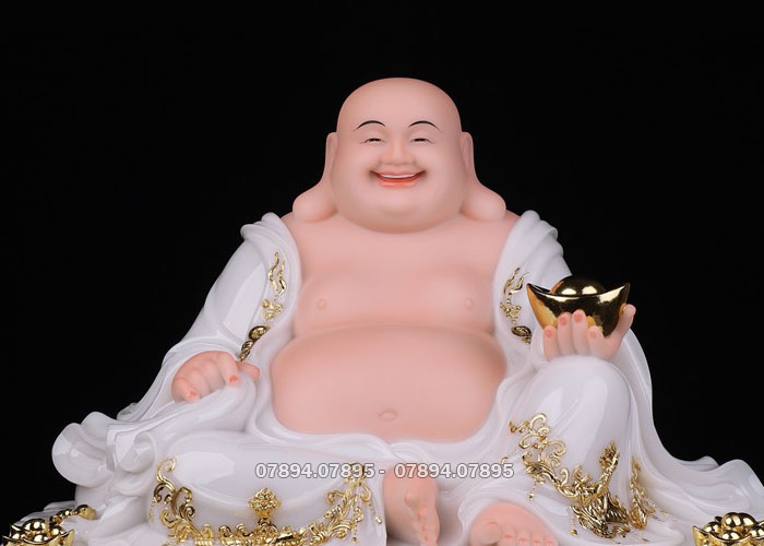 tượng phật di lặc trắng viền vàng ngự đá đẹp
