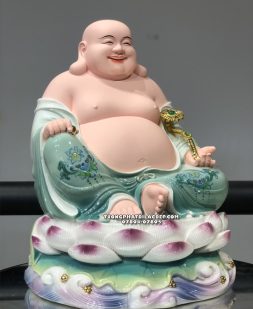 Tượng Phật Di Lặc Poly gấm xanh ngồi đài sen đế non nước
