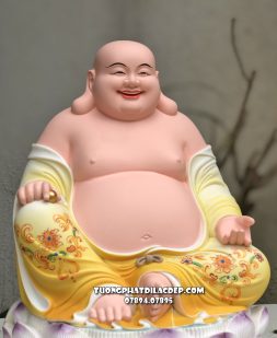 Tượng Phật Di Lặc ngồi tòa sen bằng poly vẽ gấm vàng đẹp
