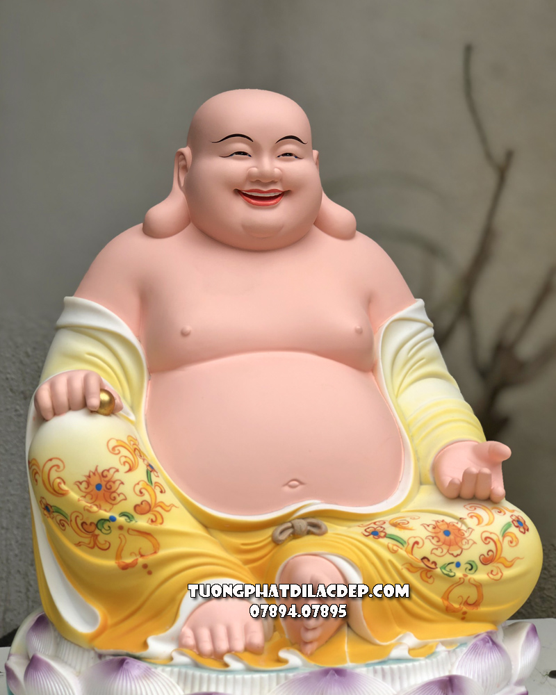Tượng Phật Di Lặc ngồi tòa sen bằng poly vẽ gấm vàng đẹp 