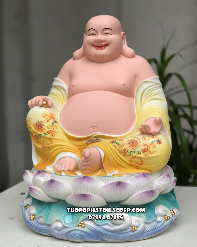 Tượng Phật Di Lặc ngồi tòa sen bằng poly vẽ gấm vàng đẹp 