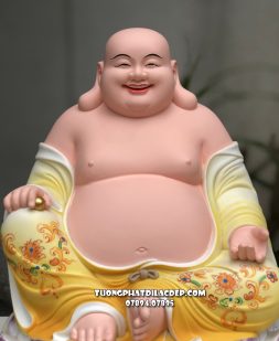 Tượng Phật Di Lặc ngồi tòa sen bằng poly vẽ gấm vàng đẹp