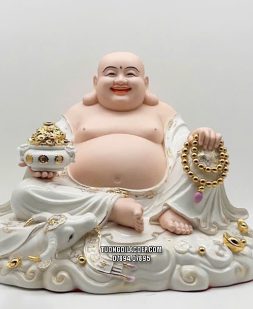 Tượng Phật Di Lặc hũ vàng tràng hạt bằng sứ áo trắng đế mây