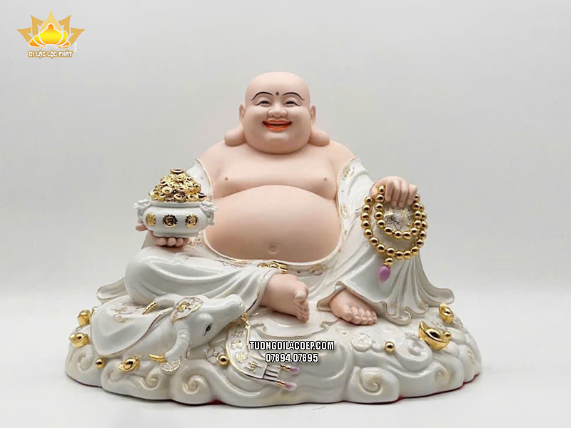 Tượng Phật Di Lặc hũ vàng tràng hạt bằng sứ áo trắng đế mây
