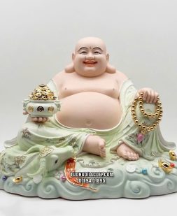 Tượng Phật Di Lặc hũ vàng ngự mây bằng sứ xanh