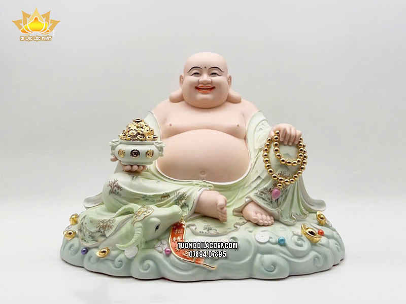 Tượng Phật Di Lặc hũ vàng ngự mây bằng sứ xanh