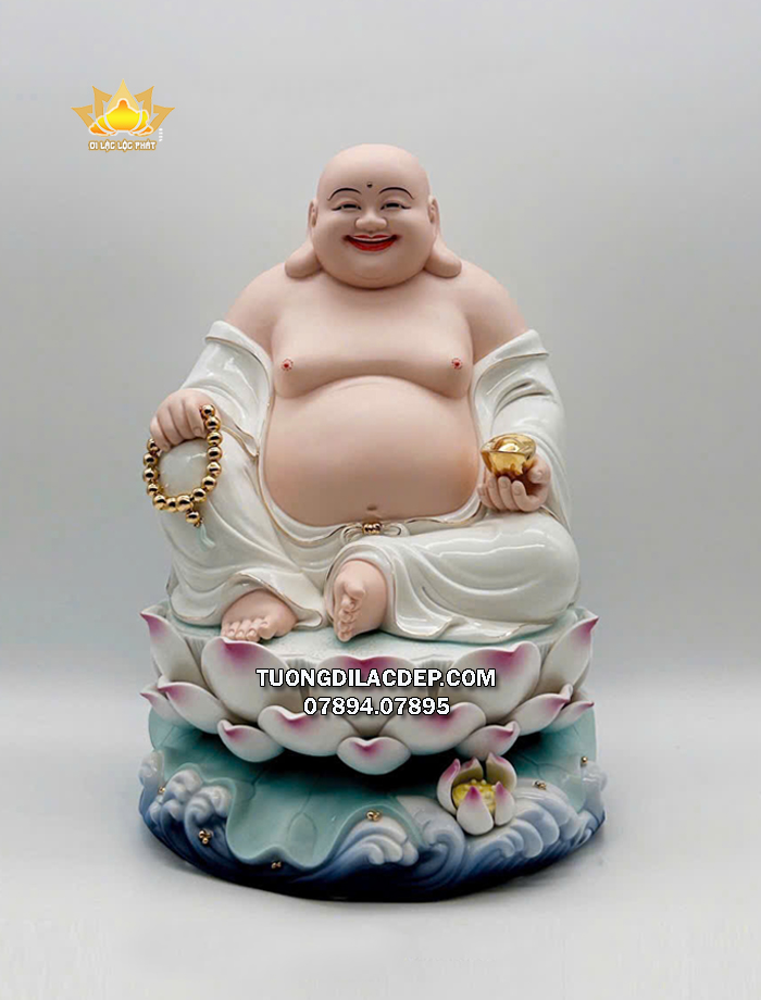 Tượng Phật Di Lặc tràng hạt thỏi vàng đế non nước bằng sứ trắng