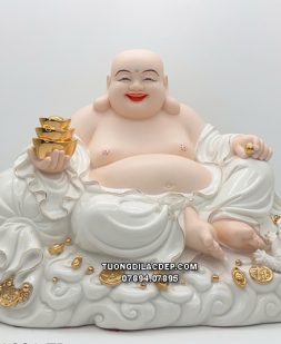 Tượng Phật Di Lặc tựa bao tiền sứ trắng thỏi vàng ngự mây