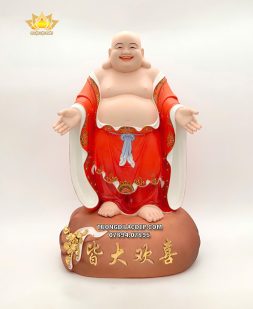 Tượng Phật Di Lặc áo đỏ viền hoa ngự túi vàng bằng sứ