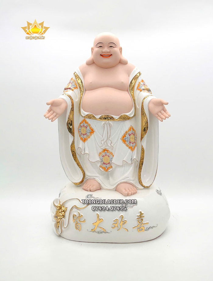 Tượng Phật Di Lặc ngự túi vàng sứ trắng viền vàng